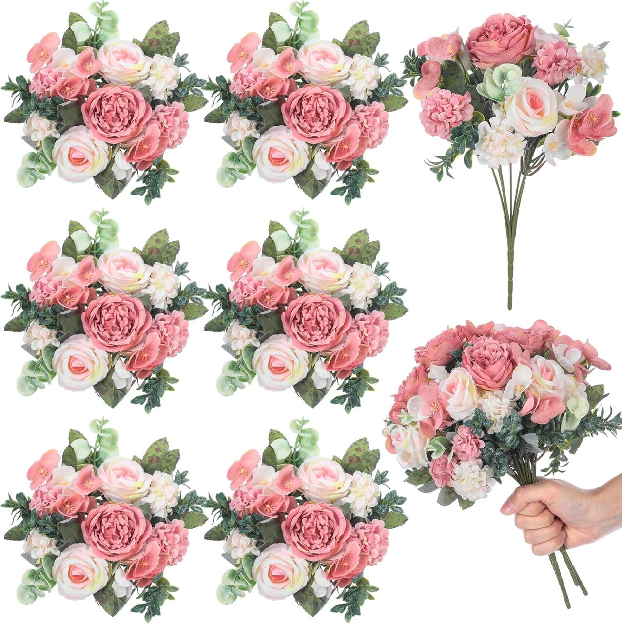 6 PCS Light Pink Artificial Peony & Silk Floral Bouquets – Faux Peonies, Roses & Hydrangeas for Wedding Centerpieces, Home Decor, Party Table Arrangements